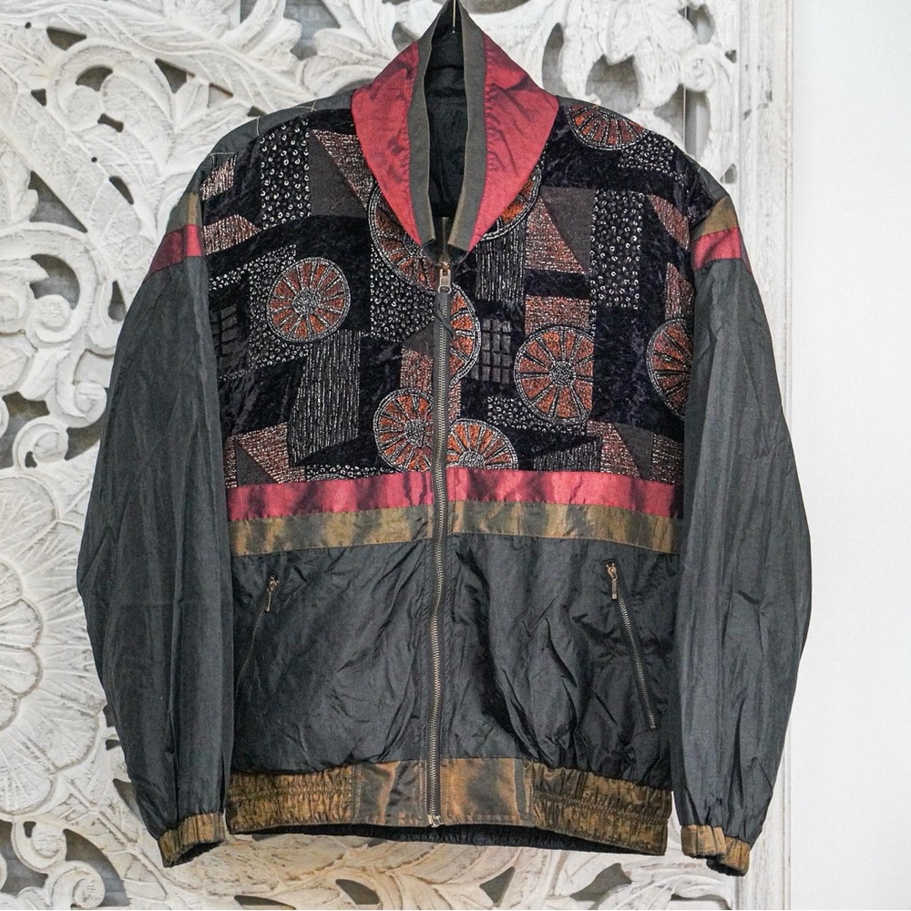 Vintage Chilli Pepper Reversible Jacket Size Medium Black Red Gold Metallic
